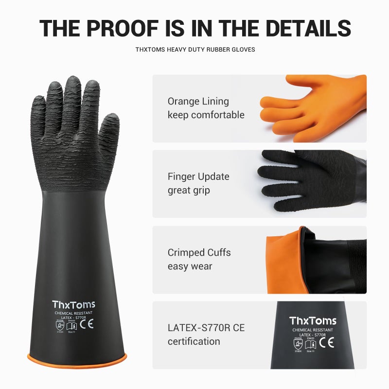 ThxToms Heavy Duty Rubber Gloves, Industrial Chemical Resistant Gloves Waterproof Reusable Protective Work Gloves for Cleaning, Dishwashing,Upgraded with Non-Slip Design, Black, 22" 1 Pair - Image 5